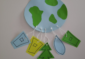 Do wyciętej z papieru kuli ziemskiej przyczepione są papierowe przywieszki: zielone drzewko, niebieska kropla, zielony, niebieski i żółty trapez symbolizujący kontenery na segregację śmieci.